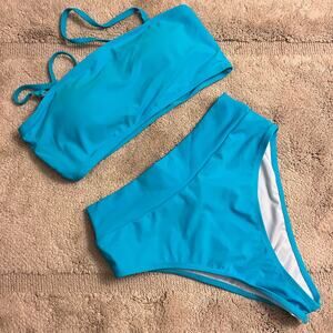blue bandeau swim suit